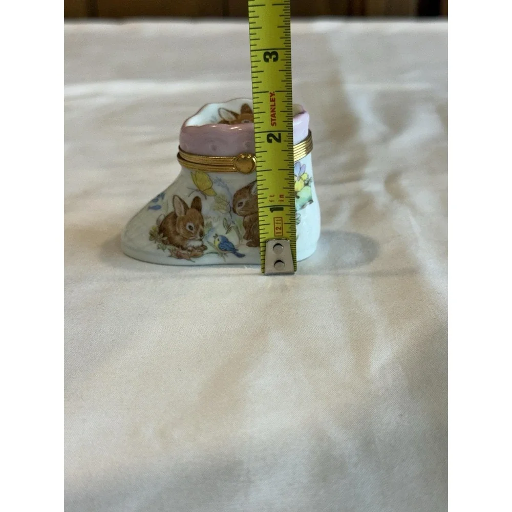 Limoges Fait Main France Trinket Box Porcelain Pink Bootie Bunny Deer Boot Shoe